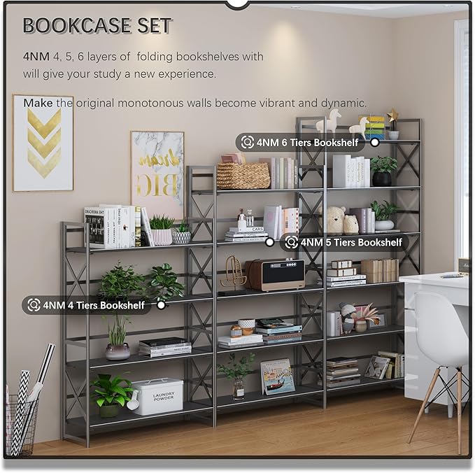 4NM Extra Wide 6 Tiers No Assembly Book Shelves, 61.8" H Folding Bookshelf