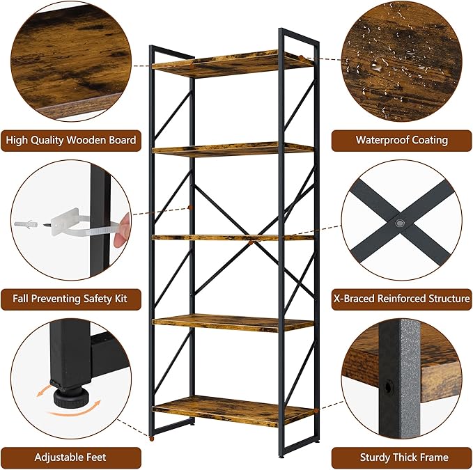 Shintenchi 5 Tiers Bookshelf, Classically Tall Bookcase Shelf, Industrial Book