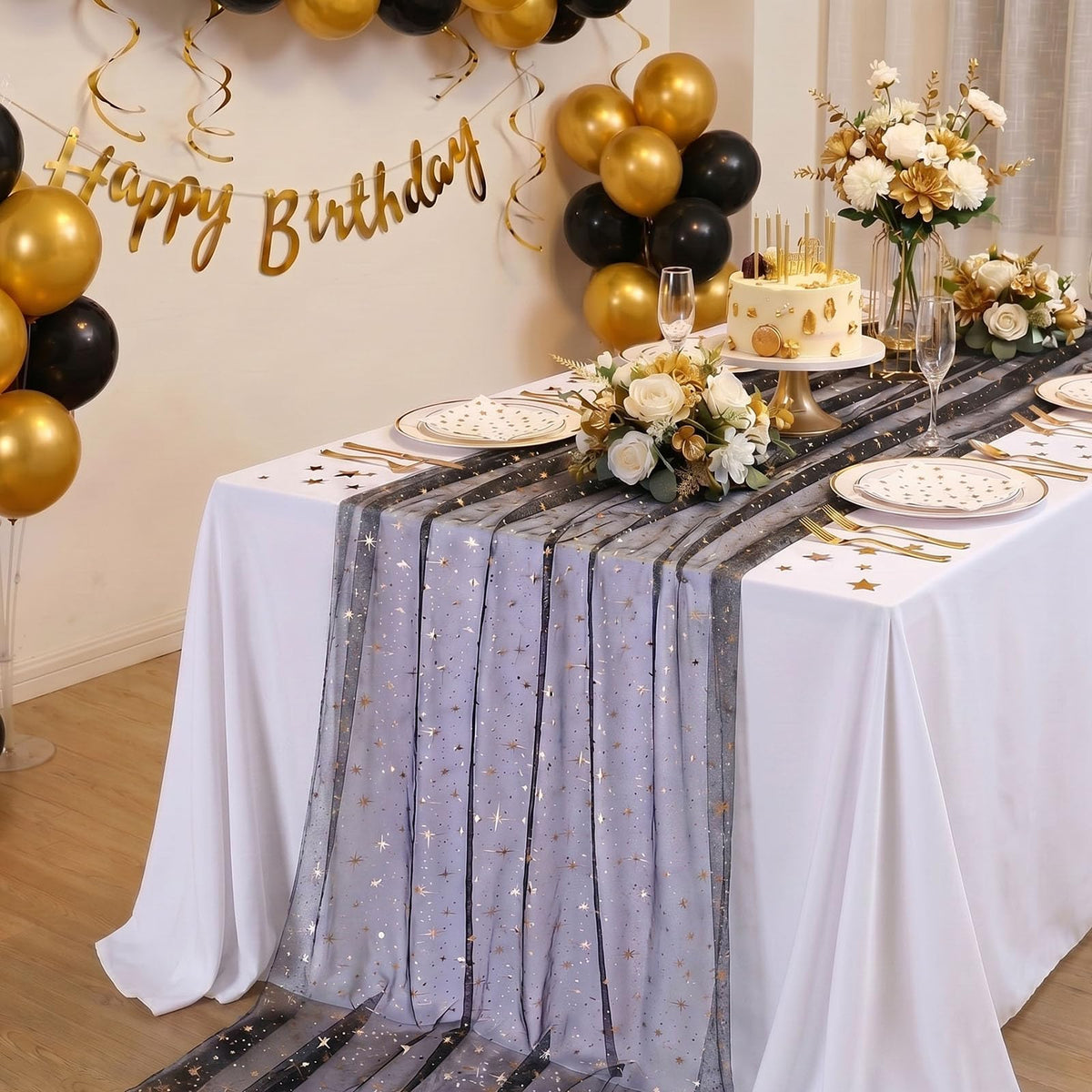 Black Gold Gauze Table Runner Centerpieces: Sparkling Gold Star 10ft Rectangular 3pcs Sequin Metallic Foil Sheer Tulle Cheesecloth for Seasonal Wedding Baby Shower Party