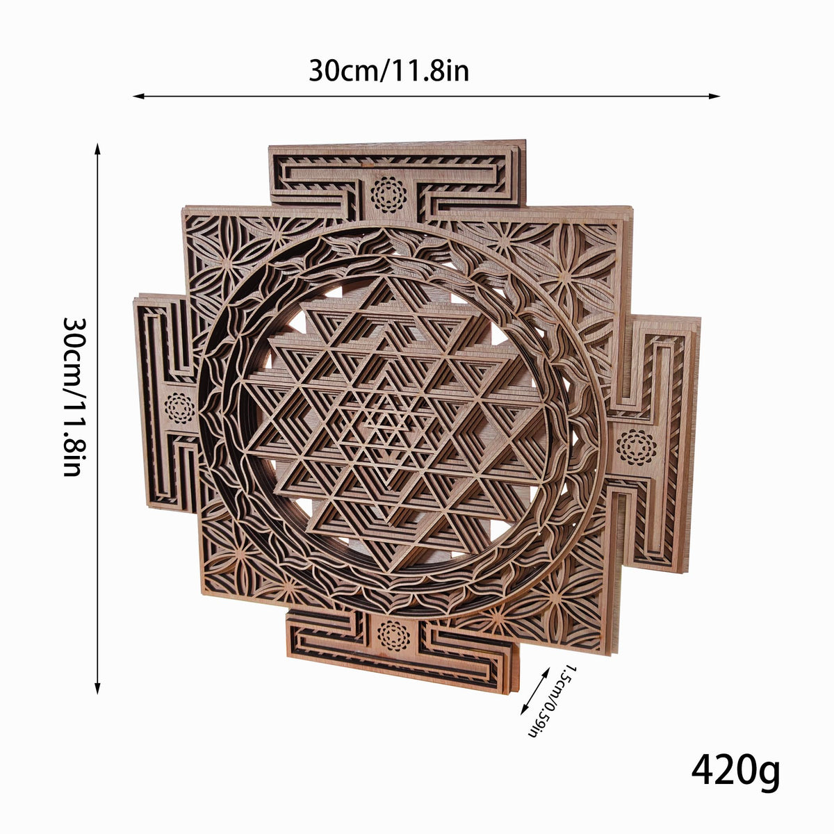 YIVFOX Handcrafted Sri Yantra Wall Art - Sacred Geometry Wood Carving for Spiritual Décor, Chakra Balancing and Meditation Space (11.8inch)