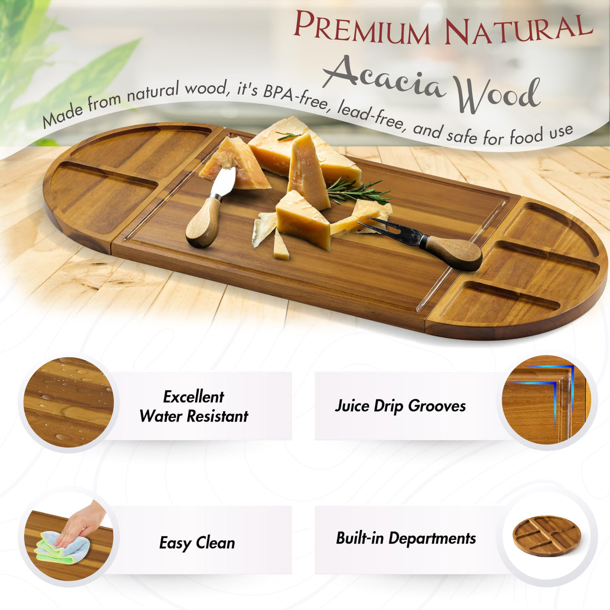 NAGAWOOD Extra Large Charcuterie Boards, 30'' x 13'' Acacia Cheese Board 3 Part Magnetic Long & Round Boards with Knive Set, Wine Opener & Cheese Marker, Unique Serving Tray for Birthday, Wedding Gift