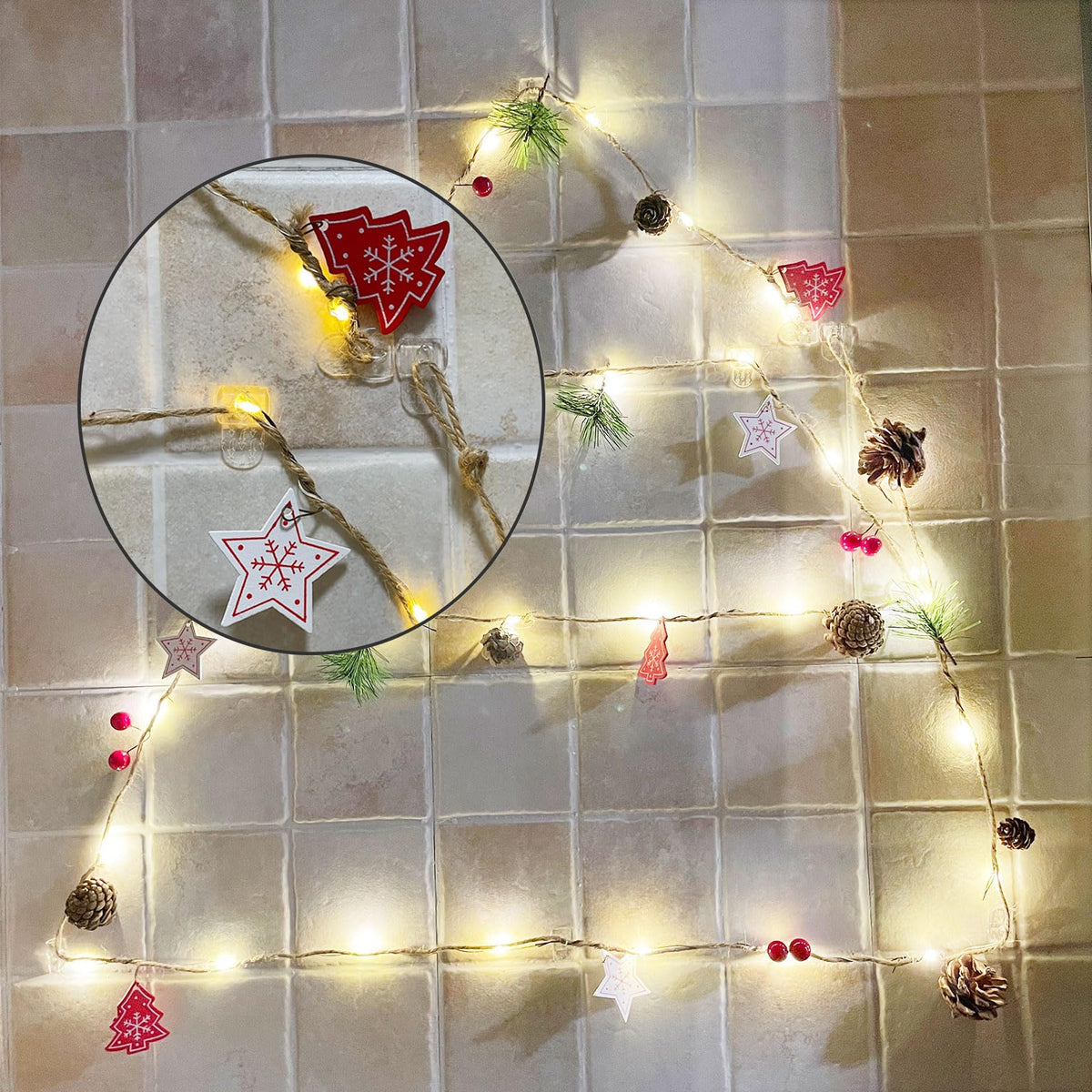 Karsbarwe 120 Clear Mini Light Clips with 132 Adhesive Strips, Small Removable Wall Hooks No Damage, Transparent Wire Hooks for Christmas String Lights, Indoor Holiday Decorations, Cables and Cords