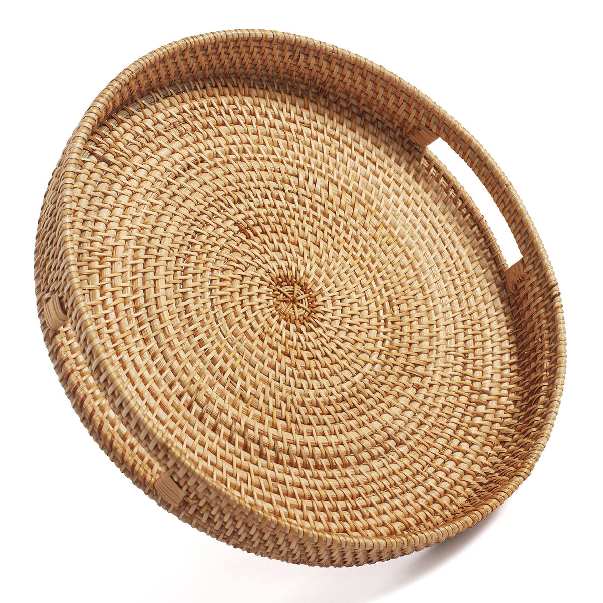 Coffee Table Tray Round Rattan Ottoman Tray Woven Serving Trays with Handles for Home and Kitchen Decorative Natural (Large 14 inch x 2.4 inch)