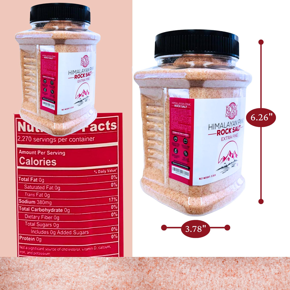 RoyalHouse, Himalayan Extra Fine Pink Salt - 2.5 lbs Extra Fine Bulk in Jar, Pure Gourmet Crystals, Natural - Contains 84 Minerals, Suitable for Body Bath Scrubs, Table Salt - Kosher
