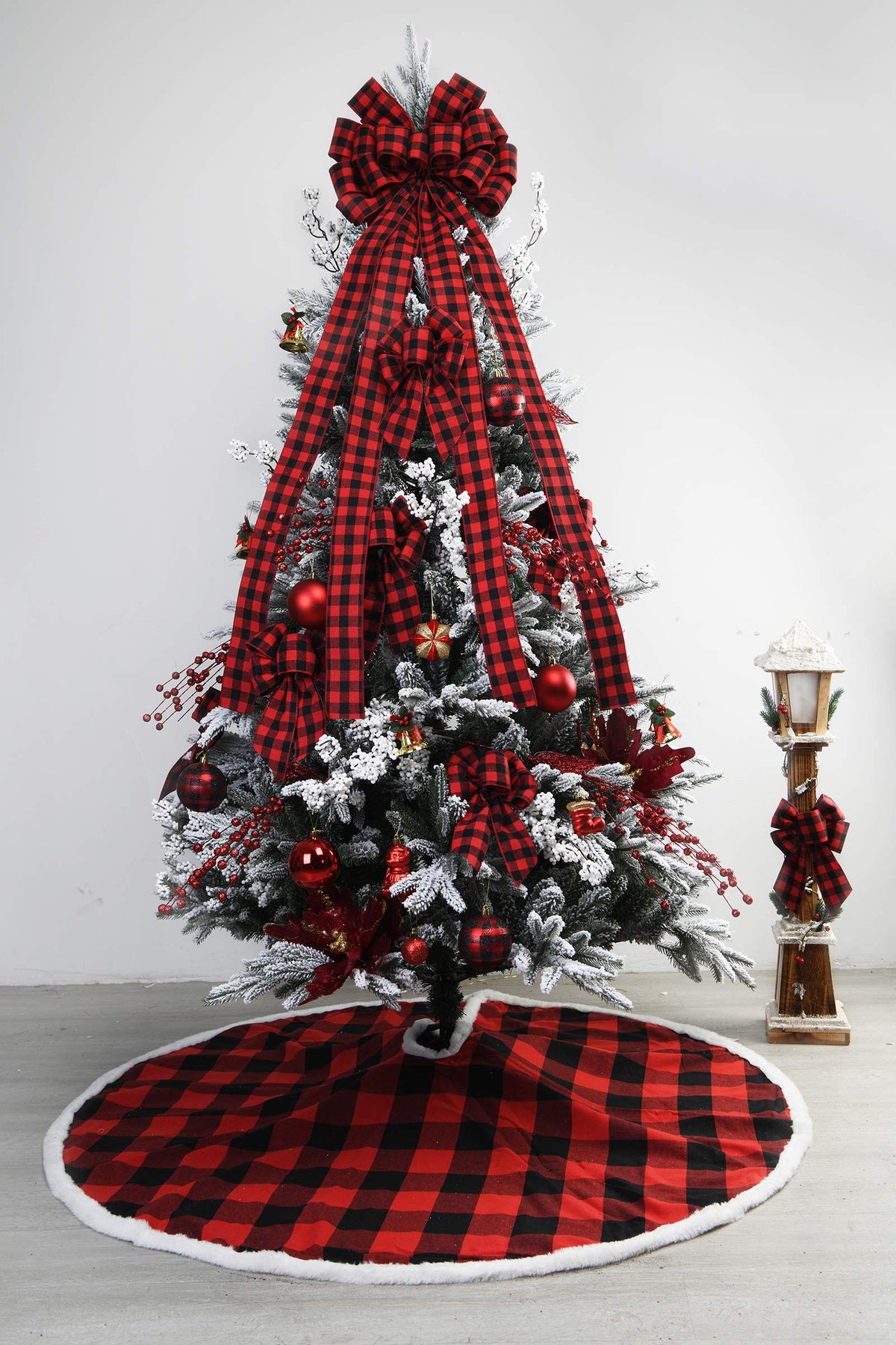 Christmas Checked Tree Topper,48x13 Inches Large Toppers Bow,Red and Black Plaid Buffalo Decorative Bows for Christmas Decoration (Red and Black Plaid)