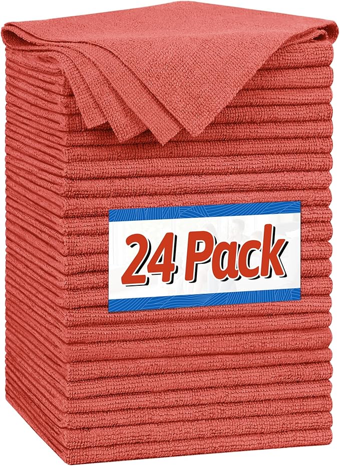 FIXSMITH Microfiber Cleaning Cloth, Shop Towels Bulk, 24 Pack Red Microfiber