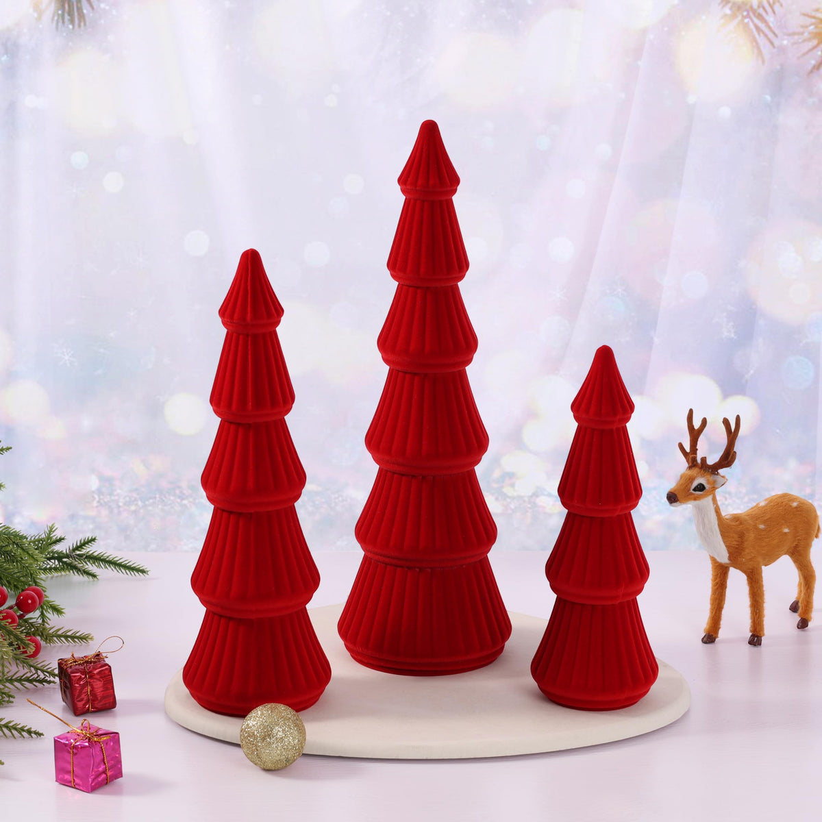 Fivebop Wooden Christmas Tree Figurine, 3 Pcs Tabletop Xmas Tree, Christmas Centerpiece Decor for Home Entryway Mantel Shelf Table Fireplace Holiday (Red-Wood & Velvet)
