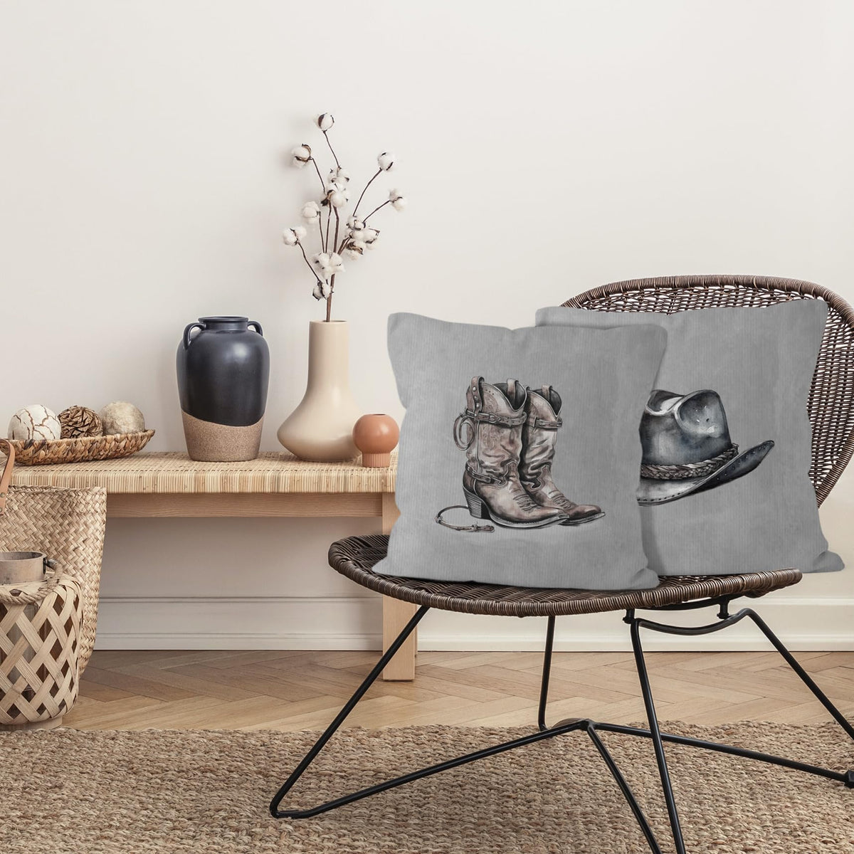 VRW Western Cowboy Hat Boots Throw Pillow Covers Set of 2, Classroom Pillow Covers, Rustic Grey Pillow Covers for Farmhouse Decor, Pillowcase for Western Home Decor Rustic, Western Gifts, 18x18