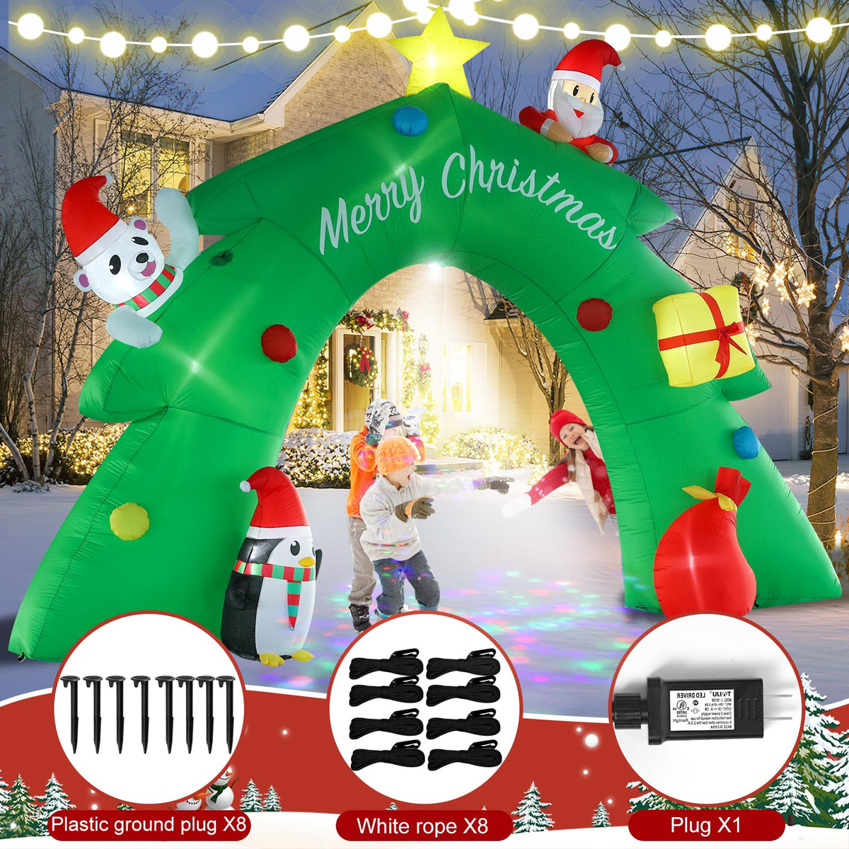 InfleasJoiy 16FT Christmas Tree Arch Inflatable Christmas Decoration with LED Lights and Kaleidoscope Lights for Holiday Celebration Decorations on Yard, Lawn and Patio