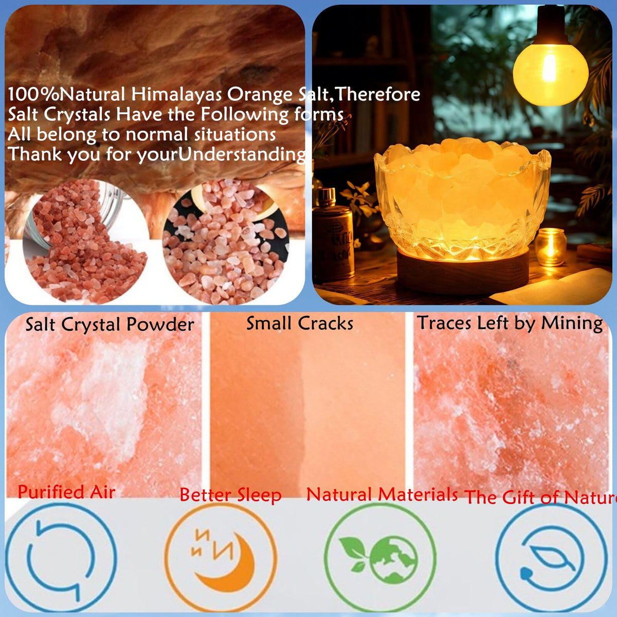 Crystal Glass Himalayan Salt Lamp with LED Light, Wooden Base, 10 Brightness Levels, 3 Distinct Lighting Modes, USB Powered, Pink Salt Rock Lamp, Home Decor Art Showpiece Night Light (Tricolor)