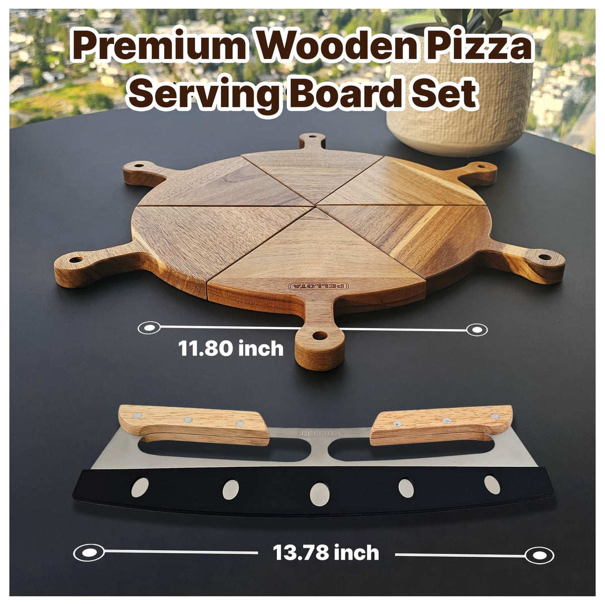 Premium Wooden Pizza Serving Board Set – 6 Slice Detachable Pizza Tray with Stainless Steel Rocker Knife, Pizza Slicer, Pizza Rocker for Parties & Gifts