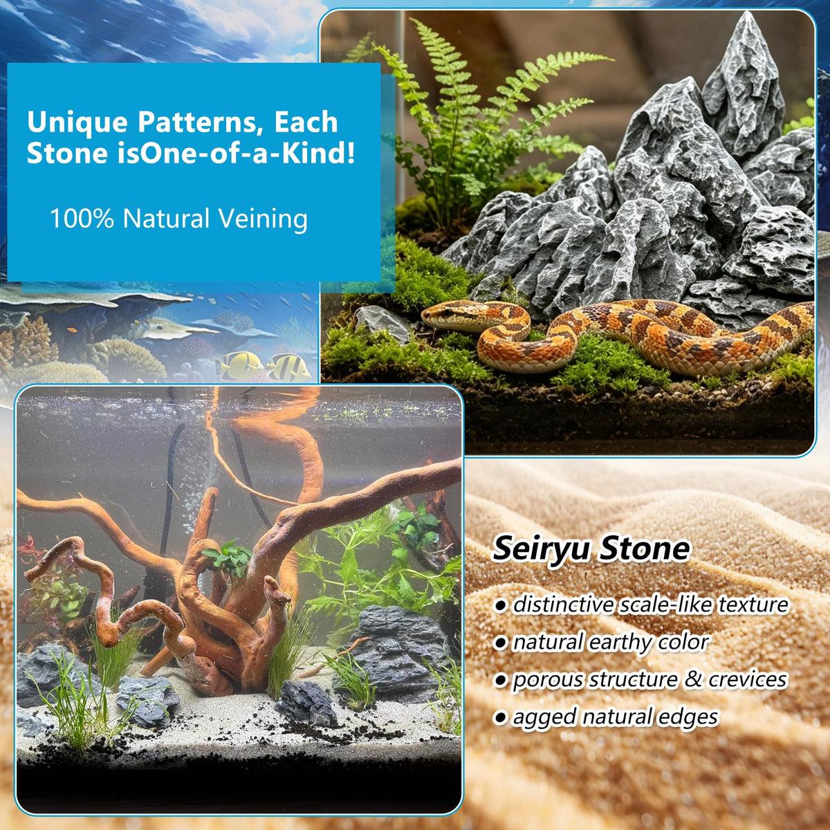 GDMYST 3 LB Aquarium Rocks Stones, 2-6 inches Natural Seiryu Stone, Fish Tank Decor Rocks for Fish Tank Landscaping, Bonsai, Gardens, Reptile Terrariums Paludarium Amphibian Enclosures Aquarium Decor