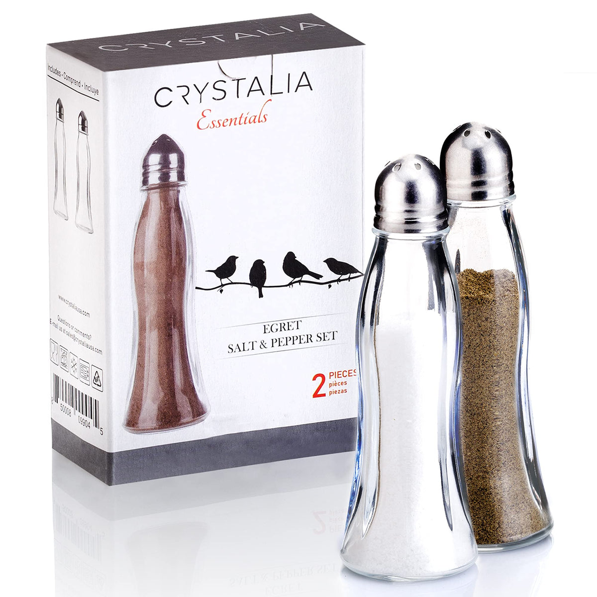 Salt and Pepper Shakers Glass Set, Clear Curved Design, Classic Restaurant Style, Glass Body with Stainless Steel Lids, 4.7 in