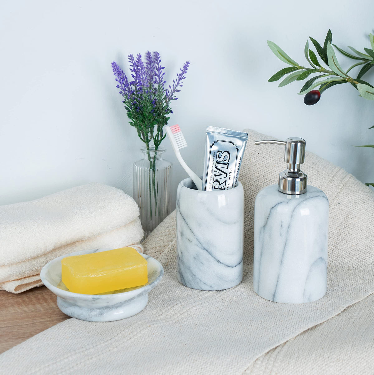 Luxury Hand-Carved Natural Marble Toothbrush & Makeup Brush Holder – Heavy-Duty Taiwan Yushan Stone for Bathroom, Vanity, Office & Desk Organizer (3.3” x 4.5”, Off-White)