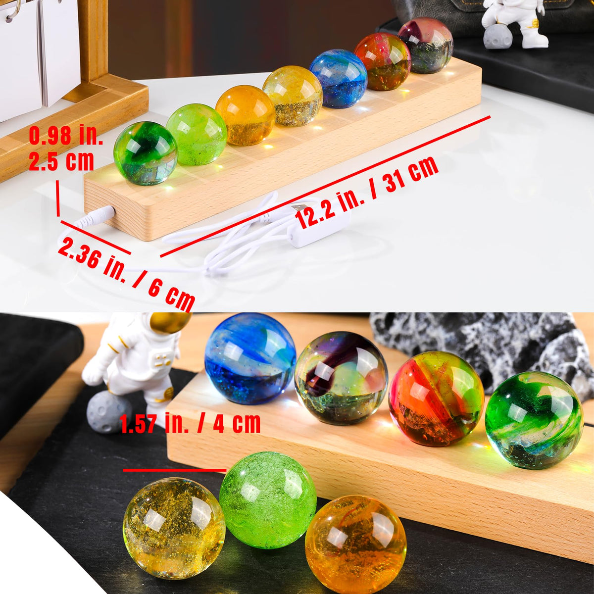 Ornalrist 7 Chakra Natural Healing Spheres with Wooden LED Light Base Crystal Quartz Ball for Meditation Positive Energy Night Light Home Decor