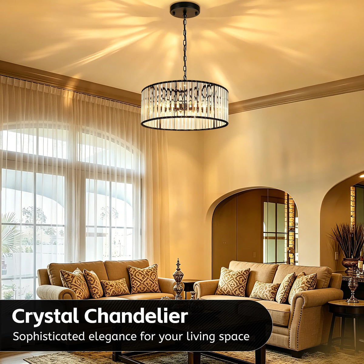 KRETAELY 17.7" Black Crystal Chandelier, 6-Light Crystal Chandeliers for Dining Room with Adjustable Height, Farmhouse Dining Room Light Fixture for Dining Room, Living Room, Bedroom, Entryway