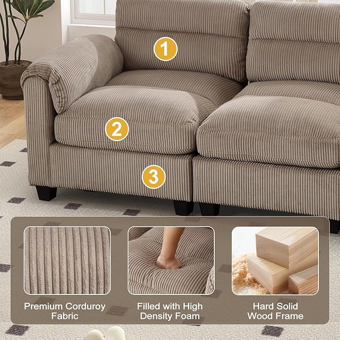 HAOMARKETS Corduroy 3-piece Sofa Set, Upholstered Ottoman, Loveseat 2-Seater