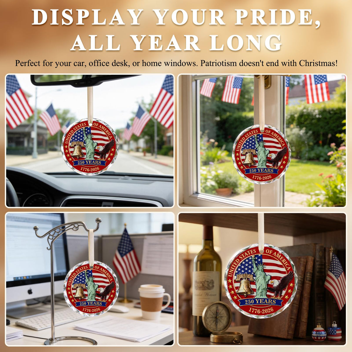 250 Anniversary USA Ornament for 4th of July Tree Decorations - Crystal Glass Patriotic Christmas Ornaments - 1776-2026 Bald Eagle Statue of Liberty Bell Keepsake - Independence Day Souvenir Gifts