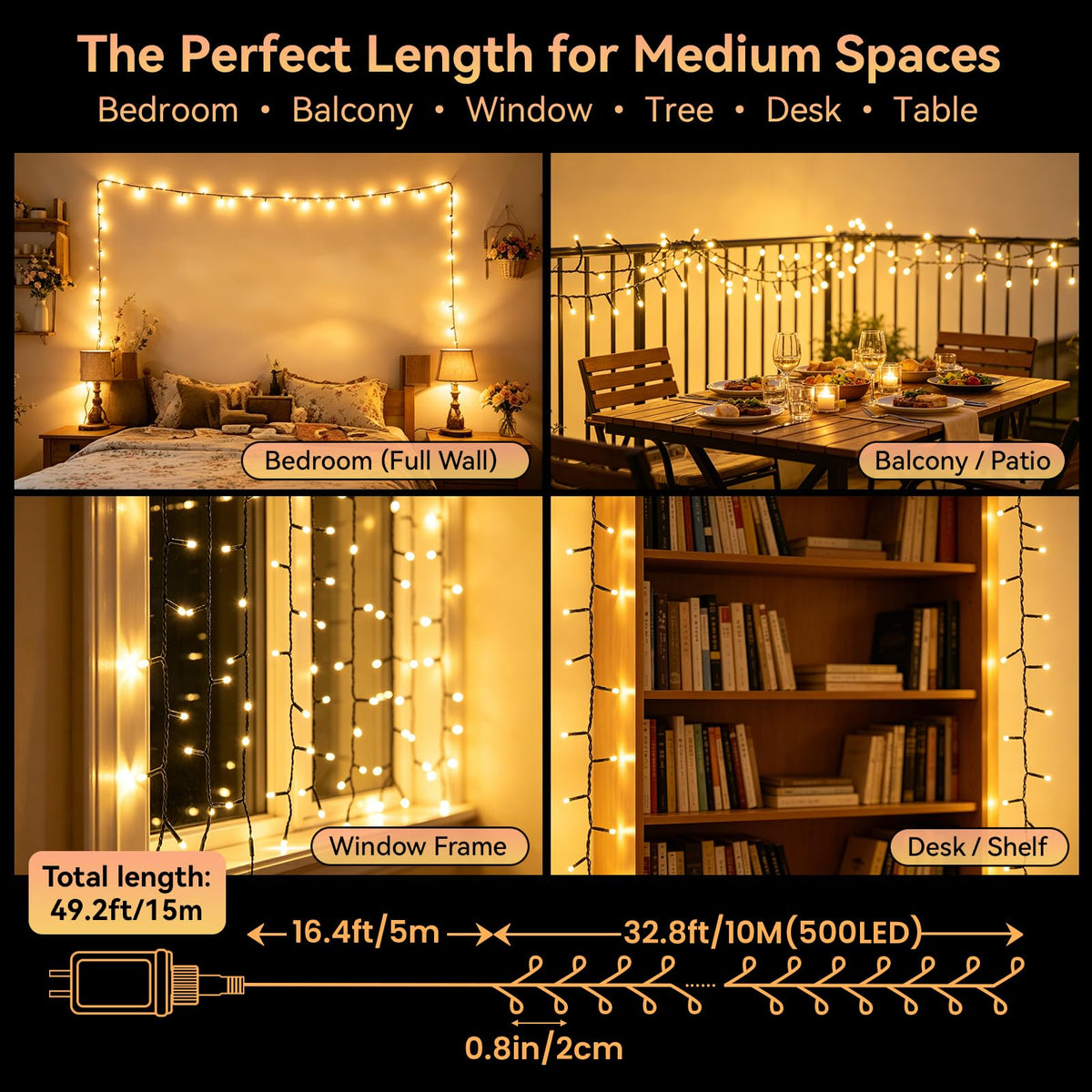 500 LED Cluster String Lights, 49FT Plug-in Fairy Lights with Remote, Timer, 8 Modes & 4 Brightness Levels, Warm White Indoor Outdoor Decorative Lights for Bedroom, Patio, Garden, Wedding, Holiday