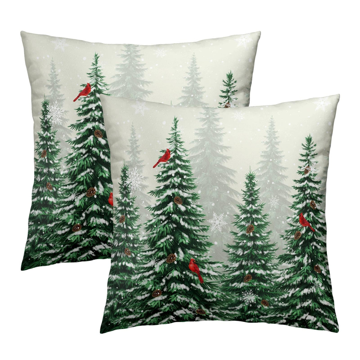 Winter Cardinal Bird Pillow Covers 16x16 Inch,Christmas Pine Tree Throw Pillow Covers Snow Forest Green Trees Cushion Cover Set of 2 Soft Cotton Pillow Cases Square for Home Sofa Living Room Decor