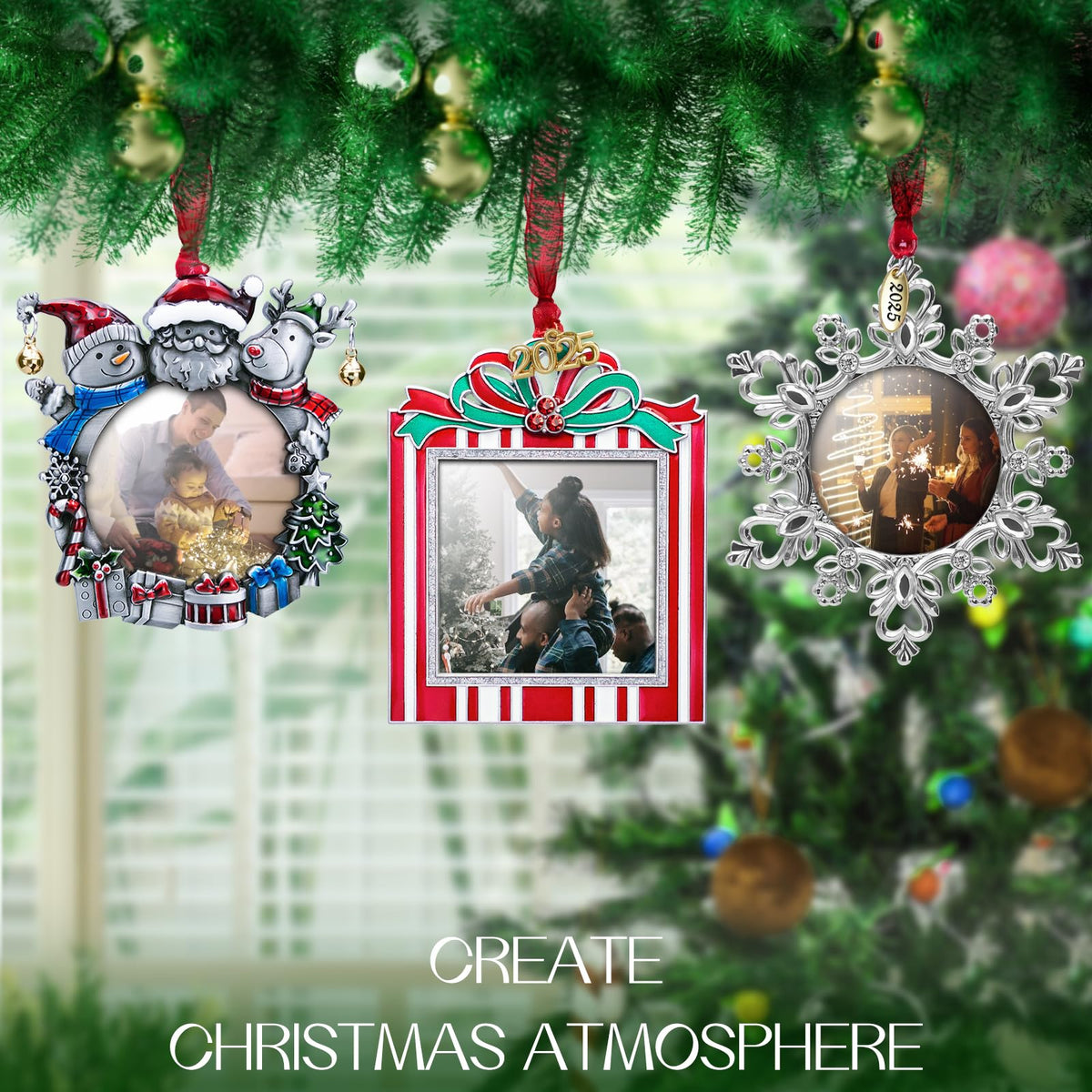 Laraine Christmas Tree Ornaments – 3-Piece Decorative Hanging 2025 Holiday Keepsake Gift Pendant with 2” Photo Frame Insert for Picture of Pet (3-Piece Gift Set (2025))