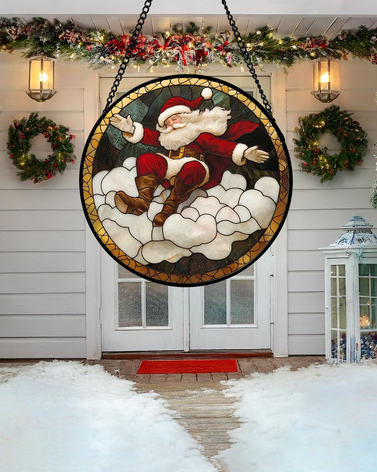 Stained Glass Window Hanging - Red White Santa Claus Clouds Suncatcher for Doors Home Christmas Decoration Sun Catcher Thanksgiving New Year Birthday Gifts for Friend Women Men Mom Nana 11.8 in