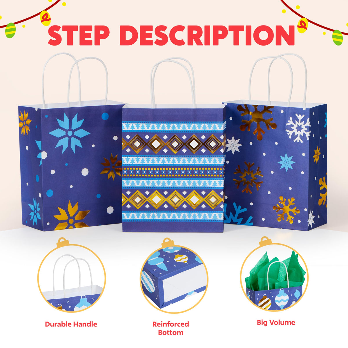 JOYIN 24 PCS Christmas Kraft Gift Bags Xmas Holiday Present Wrapping Paper Goody Bags with Handles for Classrooms and Wedding Decor, Party Favors and Decor Supplies (Blue, 9 x 7.3 x 3.3)