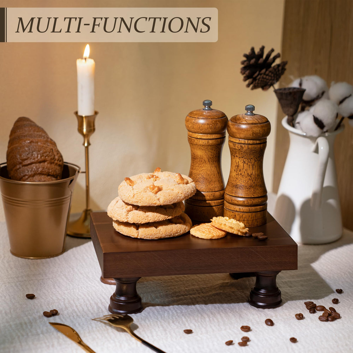 EOSAHR Decorative Display Risers for Farmhouse Decor - Acacia Wood Risers Display Stands for Bathroom Counter Organizer & Kitchen Sink Organizer (Brown Acacia Wood)