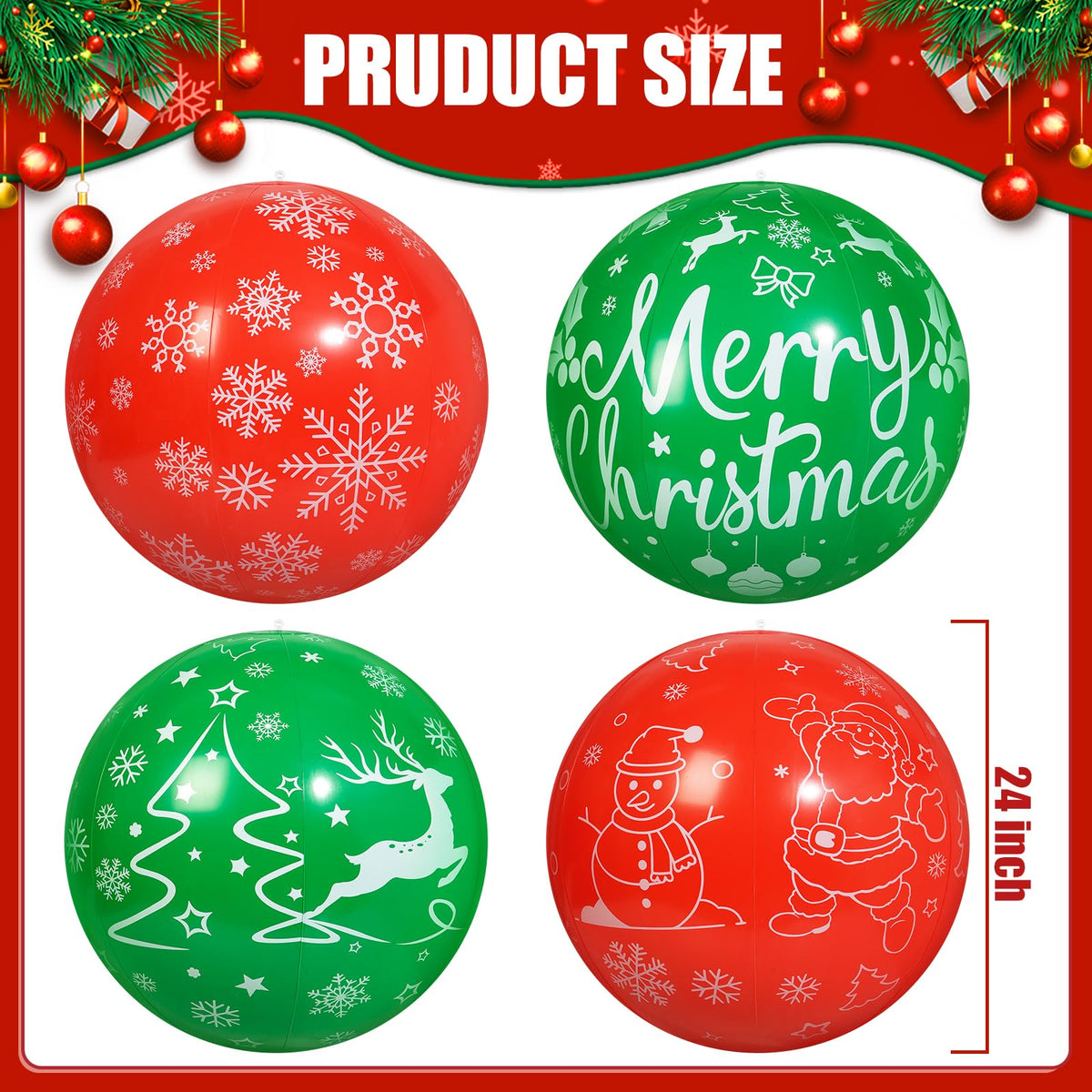 Wlicon 4 PCS 24 Inch Christmas Inflatable Balls Outdoor Inflatable Christmas Ball Ornaments for Xmas Garden Lawn Yard Holiday Front Door Window Decoration