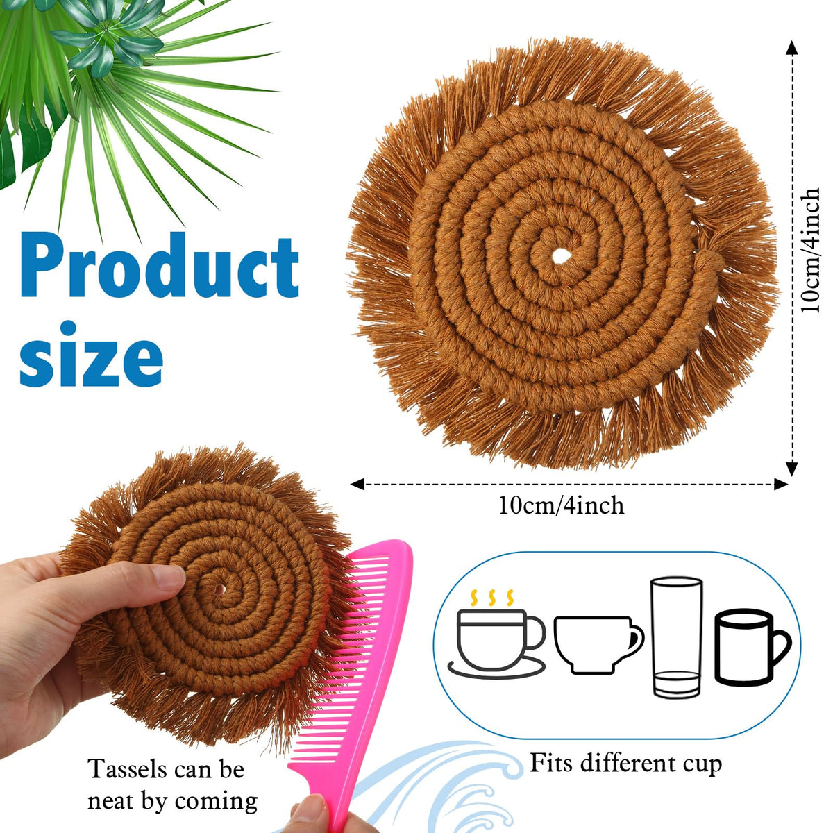 Coasters Set of 6 for Drinks Boho Absorbent Woven Cotton Coaster with Holder Farmhouse Tassel Macrame Cup Mat Housewarming Gift for Coffee Table Home Kitchen Office Decoration, 4 in(Ocean)