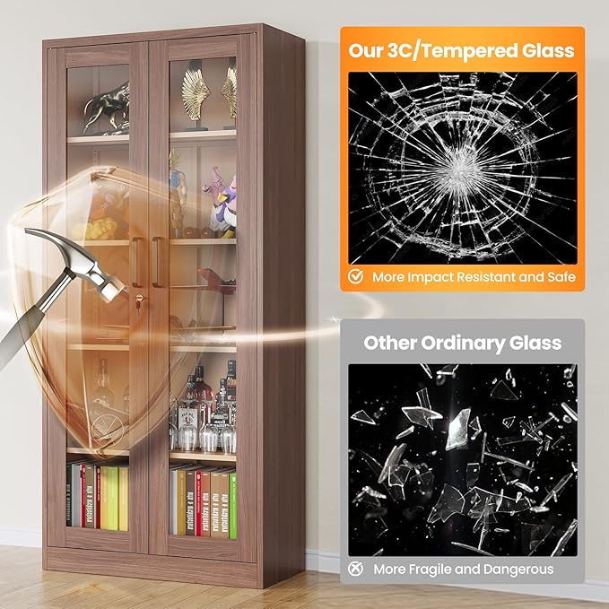 Locking Display Cabinet with Glass Door, 71”H Metal Curio Cabinets with