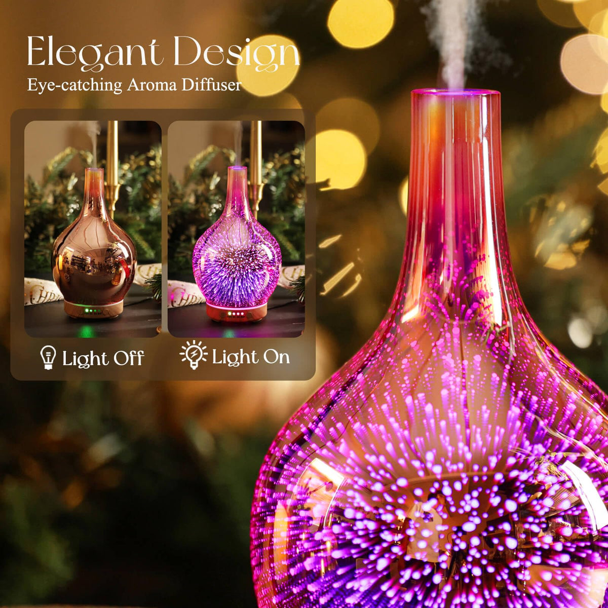 Porseme Rose Gold Essential Oil Diffuser 3D Glass Aromatherapy Ultrasonic Humidifier, Waterless Auto-Off, Timer Setting, BPA Free, Air Refresh for Home Hotel Yoga Leisure SPA Gift 150ml