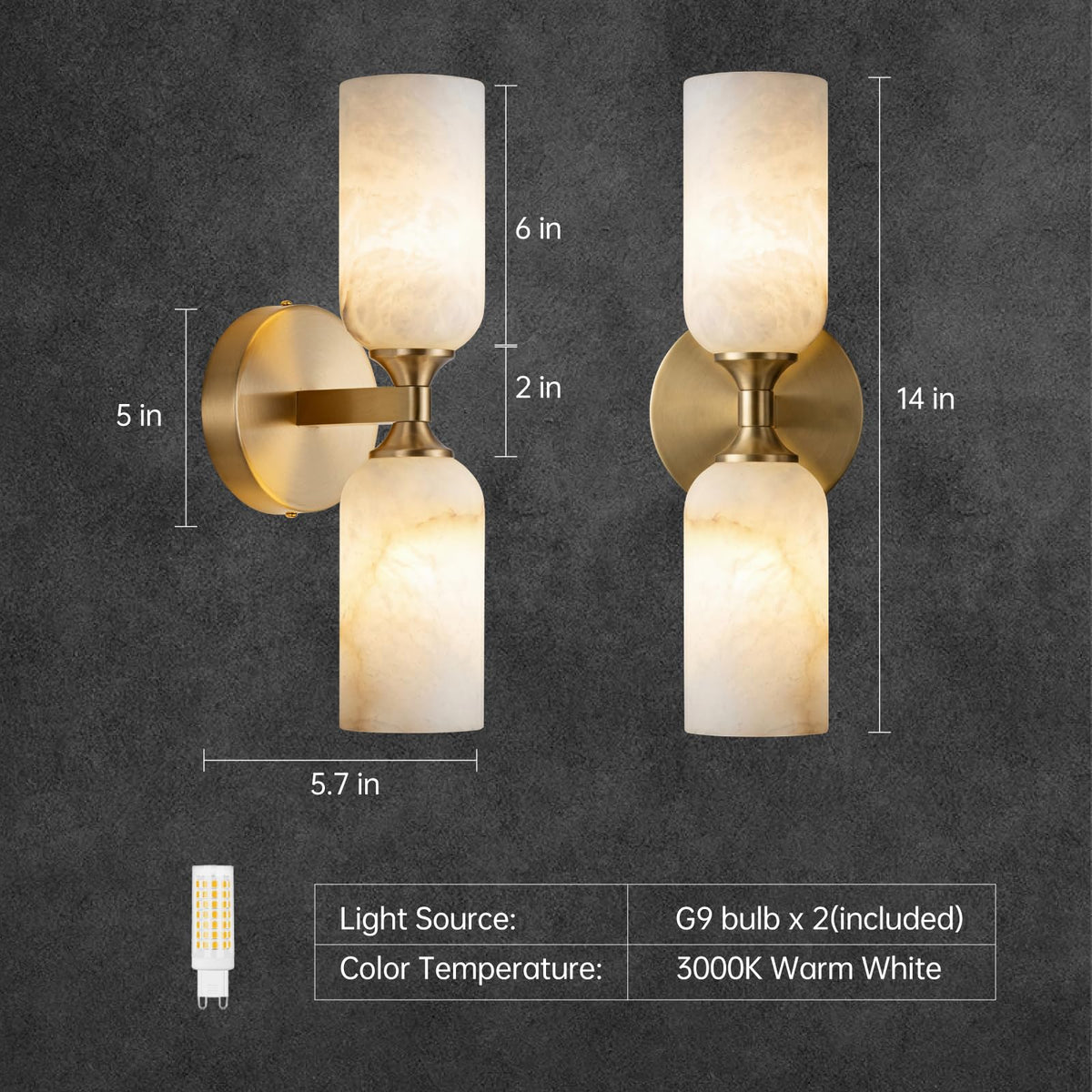 HHOCR Brass Alabaster Wall Sconces, 2 Light 14 Inch Spanish Natural Marble Wall Light, Luxury Wall Lamps for Living Room Bedroom Bathroom Hallway Staircases, G9 Bulb Included, Hardwired-1pk