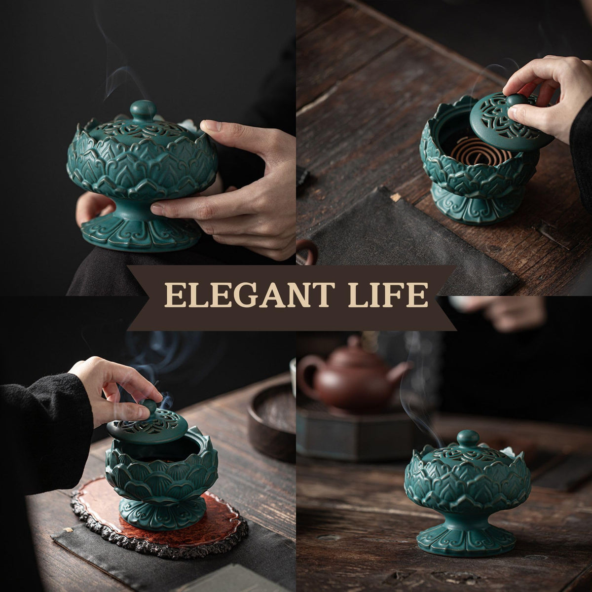 Ceramic Incense Burner for Frankincense, Bakhoor, Charcoal, Stick, Powder, Cone, Coil, and Tower Incense - Accessories for Meditation and Aromatherapy with Tweezers