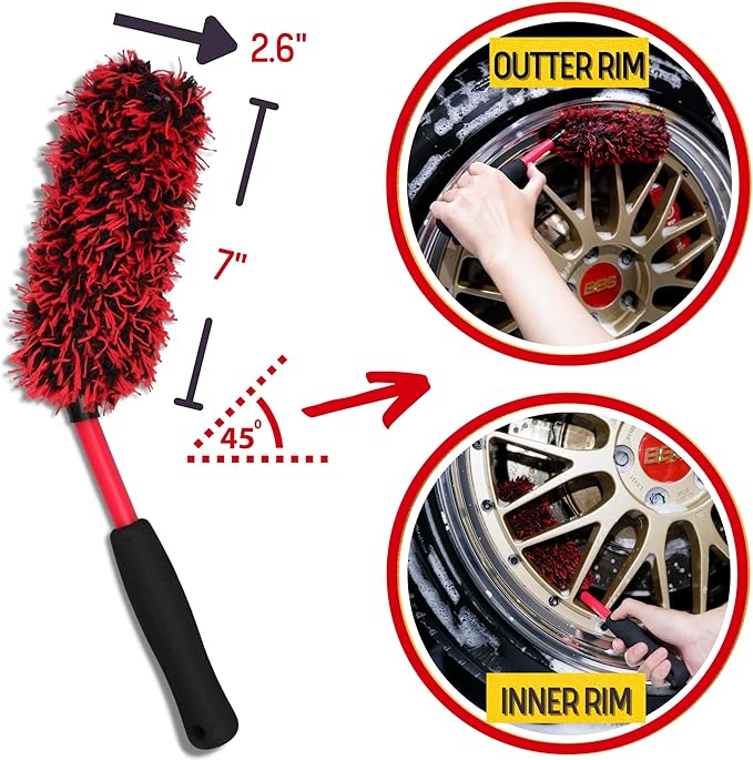 Angled Wheel Brush Kit 3 Pack- Angled Microfiber Wheel Brush, Wheel Barrel Brush