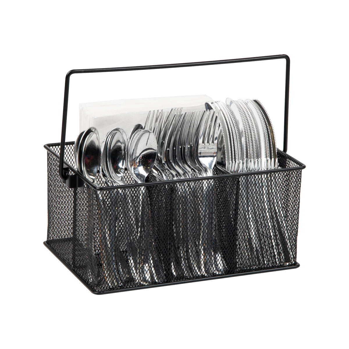 Mind Reader Multi-purpose Storage Caddy with Handle, Desktop Organizer, Cutlery Holder, 4 Compartments, Metal Mesh, Black