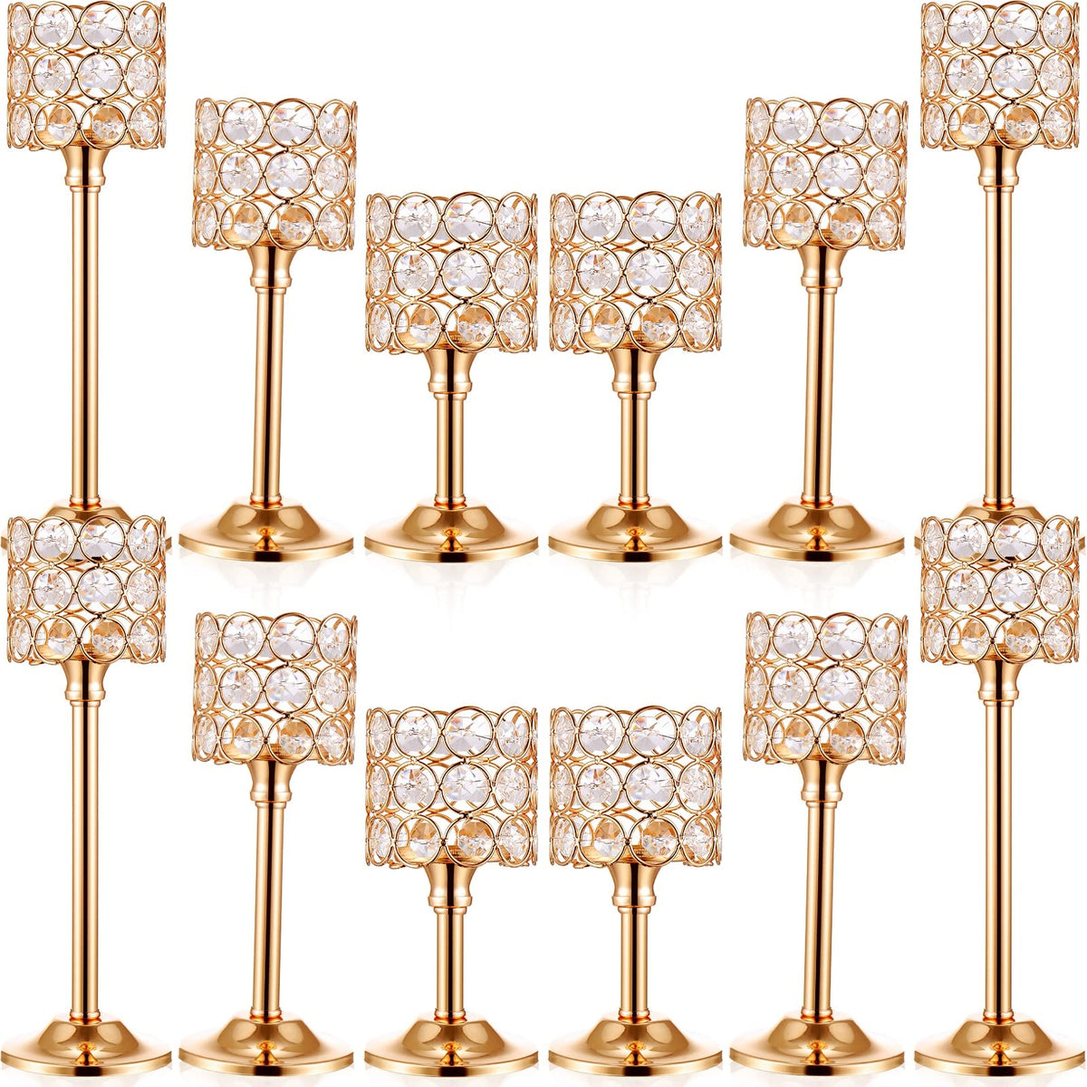 Mumufy 12 Pieces Crystal Candle Holders Set 3 Sizes Tall Crystal Wedding Candlestick Holders Pillar Candelabra Stand for Table Centerpieces for Christmas Party Wedding Dining Decoration (Gold)