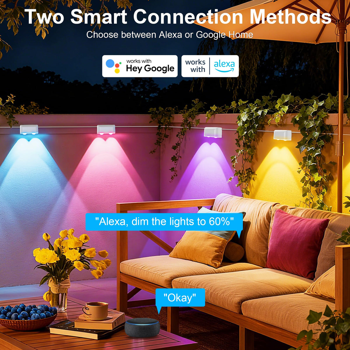 KIALUSH Outdoor Deck Lights, 8 Lights Smart Fence Lights Compatible with Alexa & Google Home, IP65 LED Patio Deck Lighting with Remote, Fence Lighting Music Sync for Patio Yard Garden(52.4ft)