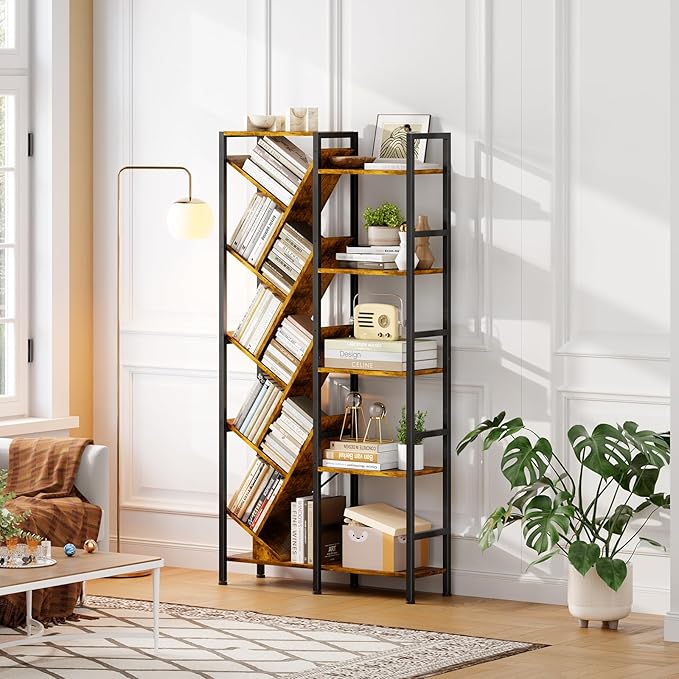 5-Tier Double Wide Bookshelf 67", Industrial Tree BookShelves, Vintage Storage