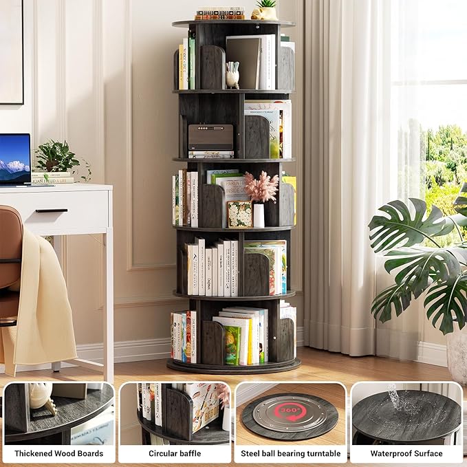 Aheaplus Rotating Bookshelf, 360 Display Wood Spinning Bookshelf Tower