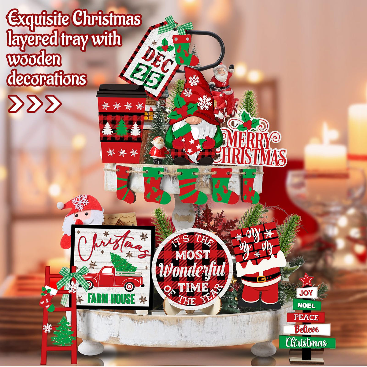 Tradder 14 Pcs Christmas in July Tiered Tray Decor Christmas Stockings Red Truck Xmas Tree Santa Wooden Signs Xmas Table Decorations Rustic Farmhouse Ornaments for Home Shelf