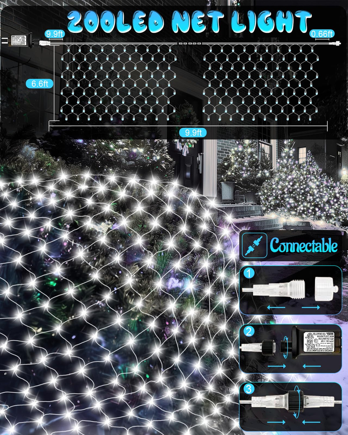 Coroor Christmas Net Lights 9.8ft x 6.6ft, 200 LED Outdoor Mesh Lights with 8 Modes, Waterproof Bush String Lights for Home Garden Yard Xmas Decorations Connecable, Timer (Cool White)