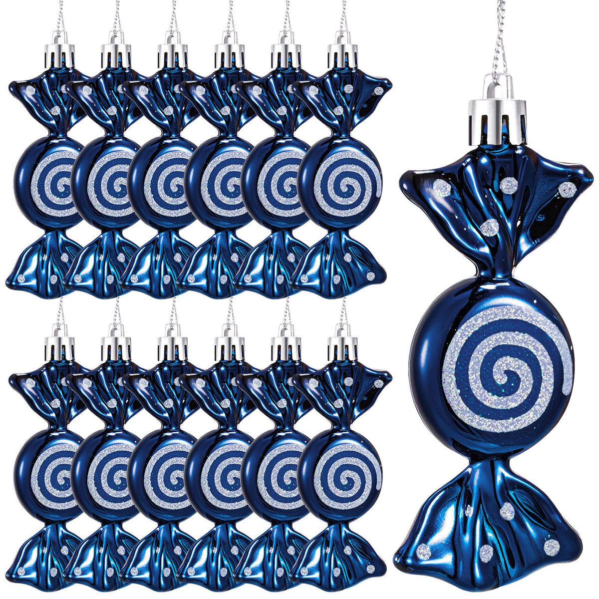 Threan 12 Pcs Christmas Candy Ornaments for Tree Decoration Hanging Glitter Candy Cane Christmas Peppermint Ornament with Golden Rope for Xmas Holiday Decoration(Dark Blue,Plastic)