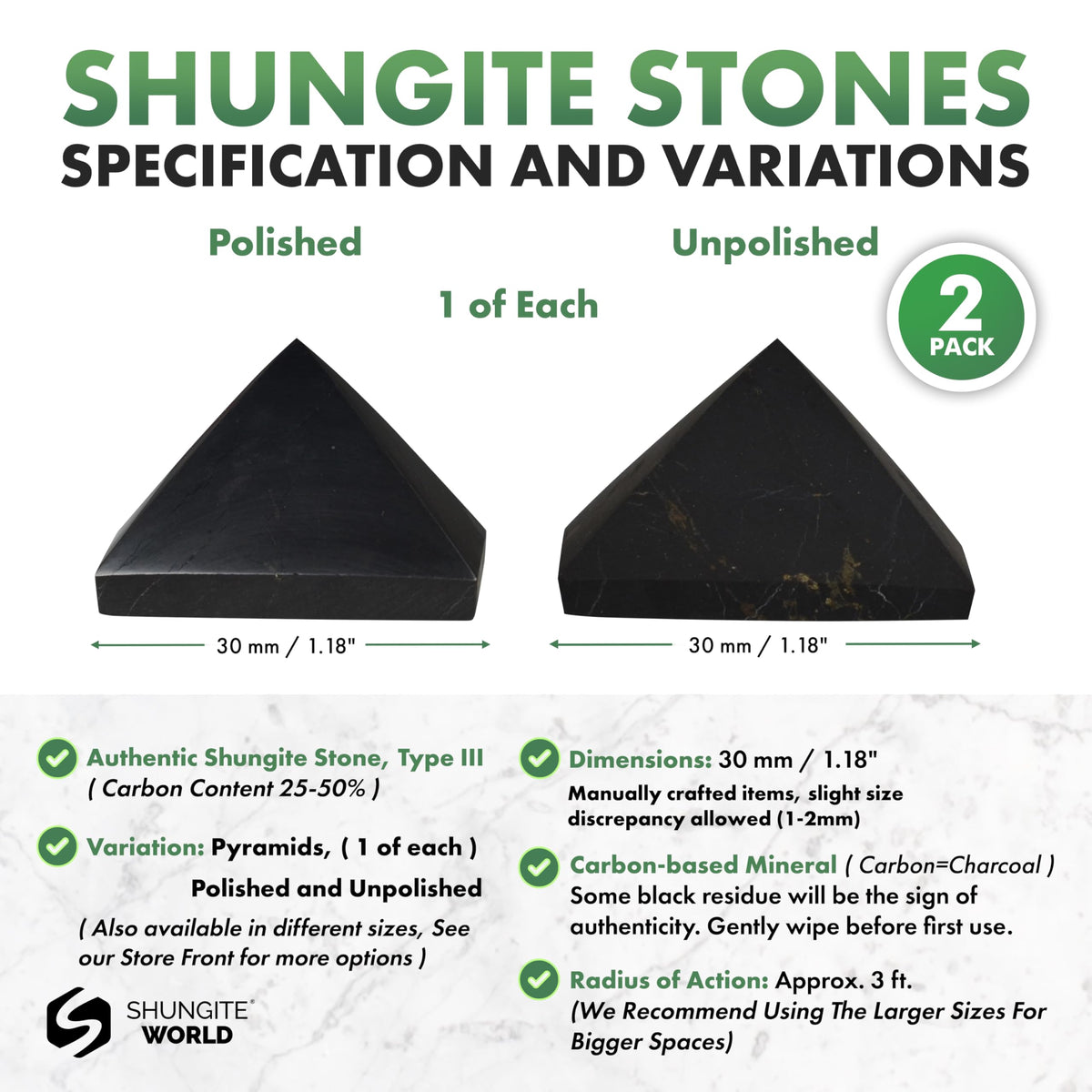 Shungite World 2 pcs Authentic Shungite Pyramids Set 30 mm / 1.18" Polished and Unpolished Real Shungite Stones Crystal Pyramid Home Protection Room Office Desk Decor Authentic Black Crystals