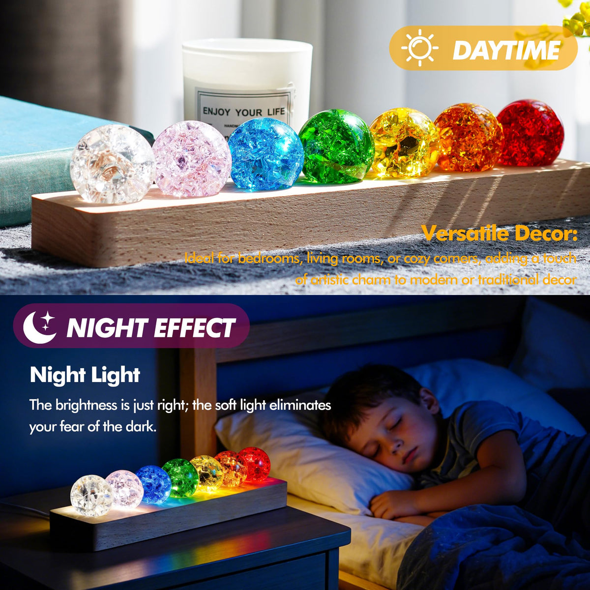 LOULIQIGIFT 60mm Colorful Ice Cracked Crystal Balls with Wooden Light Base and 7 Colors Ice Cracked Balls with LED Wooden Base 40mm Healing Sphere Balls Set