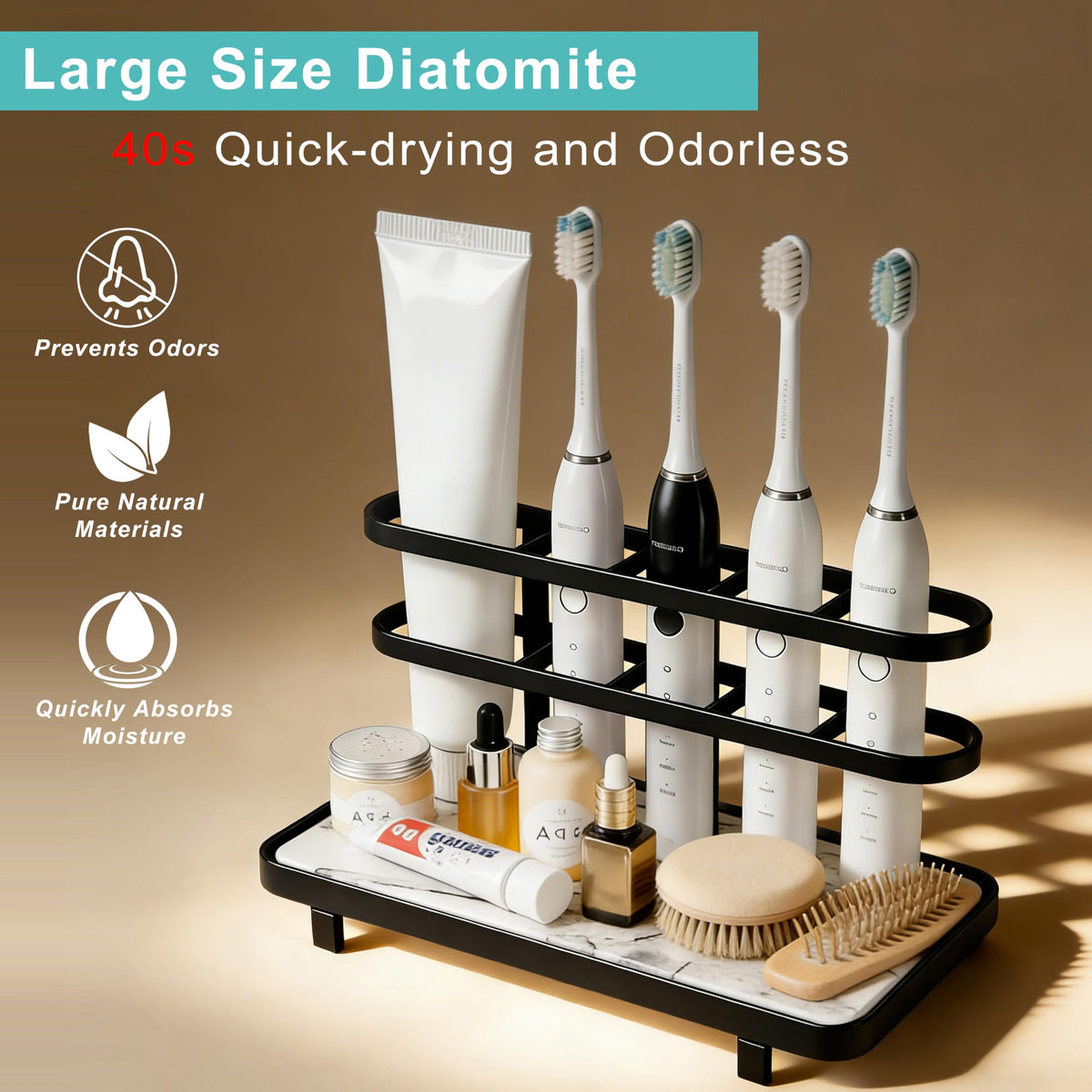 Diatomite Toothbrush Holder for Bathroom, Quick Dry Diatomaceous Earth Base, 5 Slot Electric Toothbrush Organizer for Countertop, Toothpaste Holder Bathroom Counter Organizer, Black