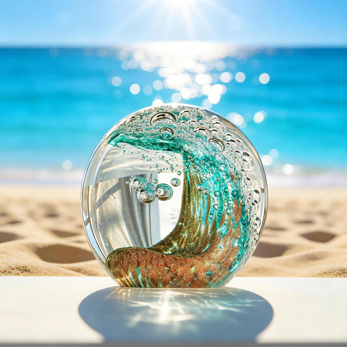 H&D HYALINE & DORA 2.3 Inch Hand Blown Crystal Ball Ocean Waves Glass Ball Paperweight Aquarium Office Decorative Balls Ocean Lovers Gifts(Green)