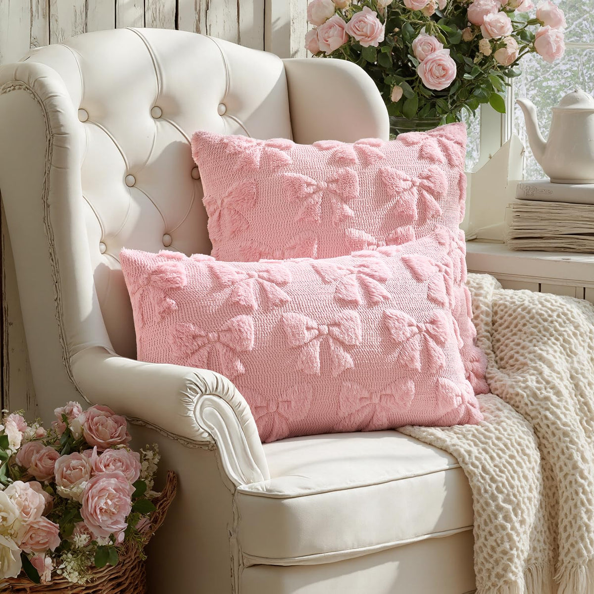 MIULEE Pink Bow Pillow Covers Coquette Room Decor Aesthetic Set of 2 Spring Decorative Cute Girl Soft Plush Faux Pillowcase for Preppy Room Decor Bedroom Couch,24x24 Inch