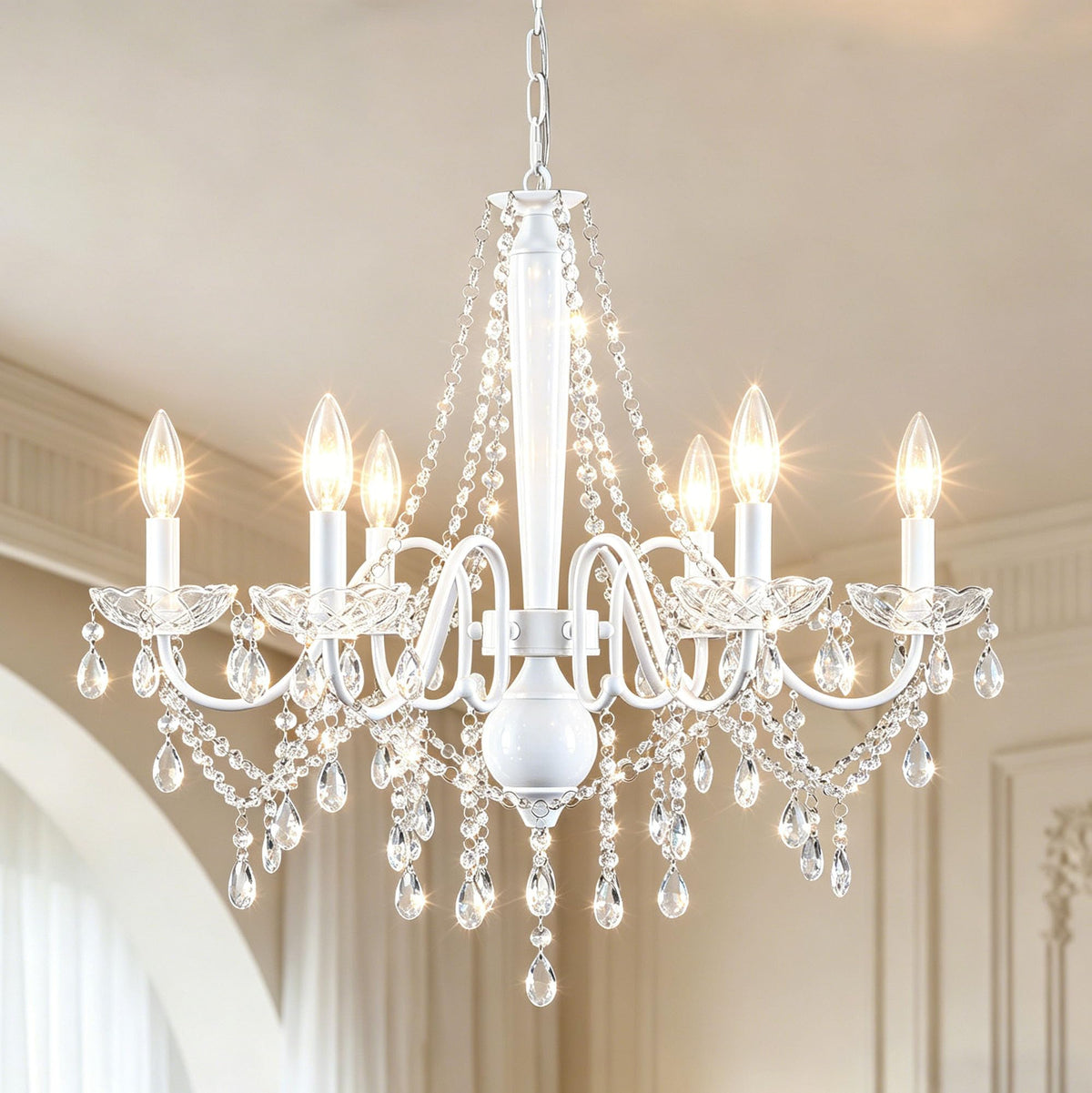 White Crystal Chandelier, 6-Light Modern Chandelier for Dining Room Light Fixture, Elegant Crystal Pendant Ceiling Light Fixture, 25" French Candle Chandelier for Bedroom Living Room Kitchen Entryway