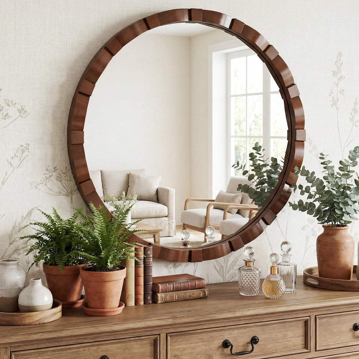 MYOTA Round Wood Wall Mirror - 31.5" Farmhouse Rustic Wall Decorative Mirrors, Wooden Circle Boho Accent Mirror for Living Room, Bedroom, Bathroom, Entryway, Hallway, Fireplace (Walnut)